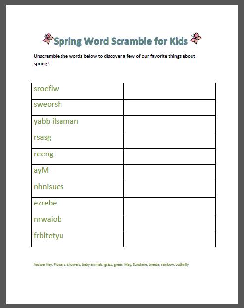 Spring Word Scramble Free Printable