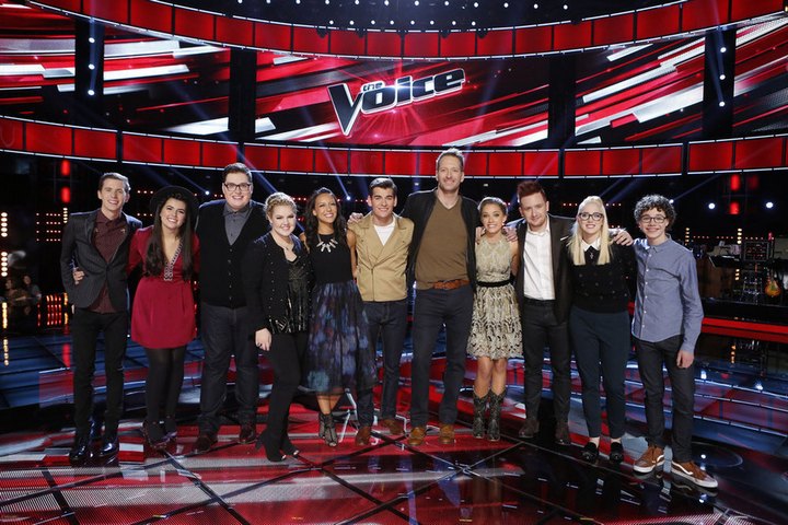 The Voice Season 9 Top 12 Performances and Elimination Recap-- "Live Top 12" Episode 914B -- Pictured: (l-r) Evan McKeel, Madi Davis, Jordan Smith, Shelby Brown, Amy Vachal, Zach Seabaugh, Barrett Baber, Emily Ann Roberts, Jeffery Austin, Korin Bukowski, Braiden Sunshine -- (Photo by: Trae Patton/NBC)