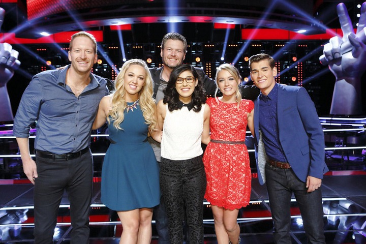 THE VOICE -- "Knockout Rounds" -- Pictured: Barrett Baber, Morgan Frazier, Blake Shelton, Ivonne Acero, Emily Ann Roberts, Zach Seabaugh -- (Photo by: Trae Patton/NBC)